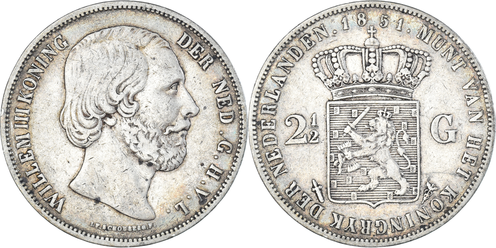 Coin, Netherlands, William III, 2-1/2 Gulden, 1851, , Silver, KM:82