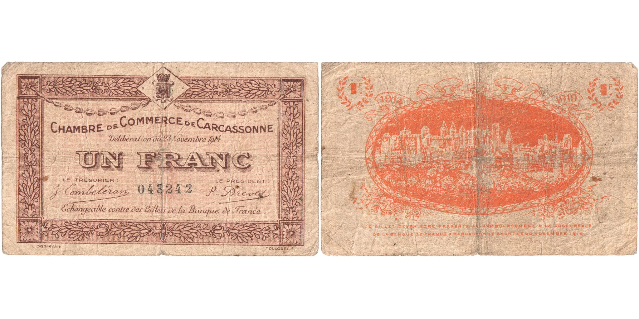 な　フランス　1 France, Carcassonne, 1 Franc, 1914-11-23, 043242, F(12-15) | World