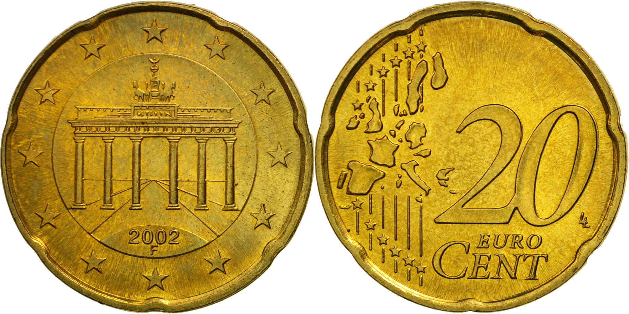 GERMANY FEDERAL REPUBLIC 20 Euro Cent 2002 Brass KM