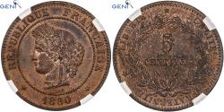 World Coins - France, 5 Centimes, Cérès, 1880, Paris, Bronze, GENI,