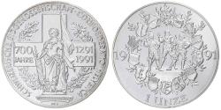 World Coins - Switzerland, 1 Oz, 700 ans de la confédération helvétique, 1991, Bern