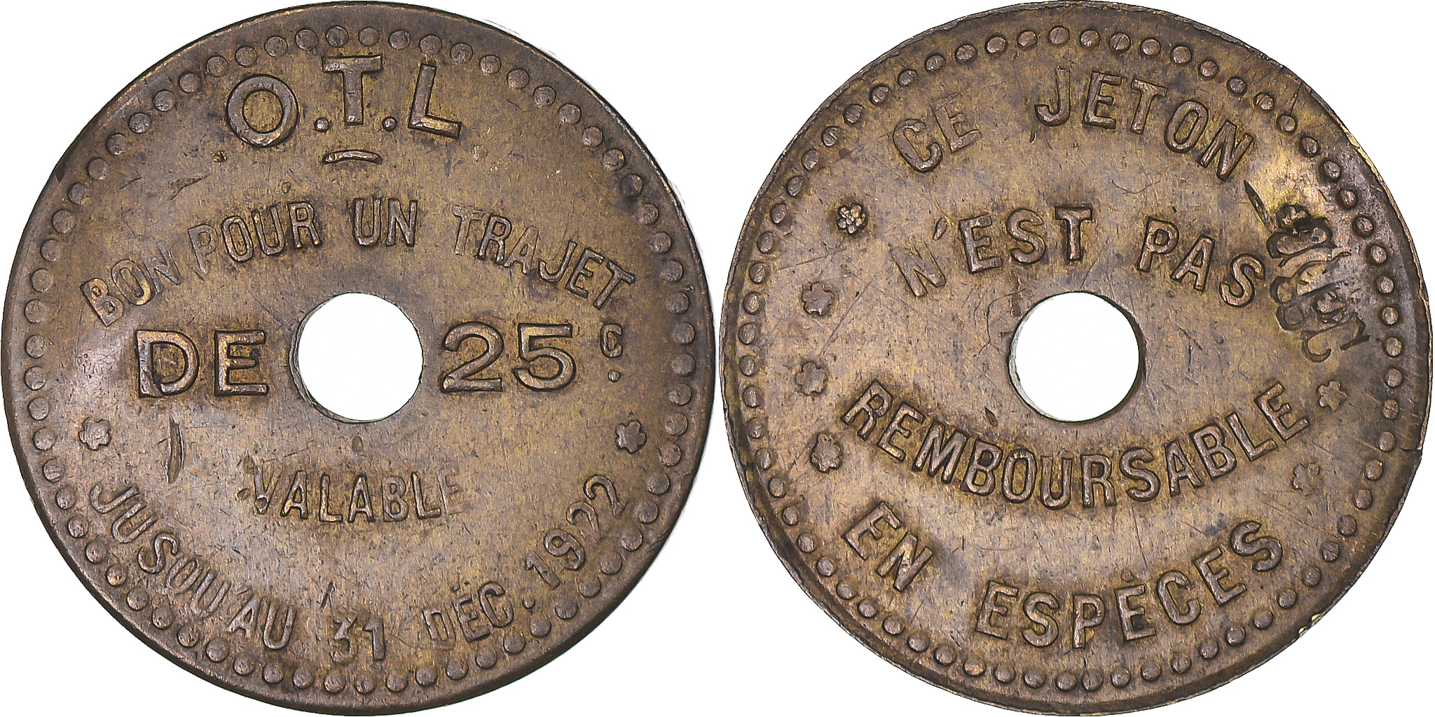 France, Token, Necessity, Office des Transports de Lyon, 25 Centimes, 1922