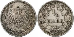World Coins - GERMANY - EMPIRE, 1/2 Mark, 1907, Stuttgart, Silver, MS(60-62), KM:17