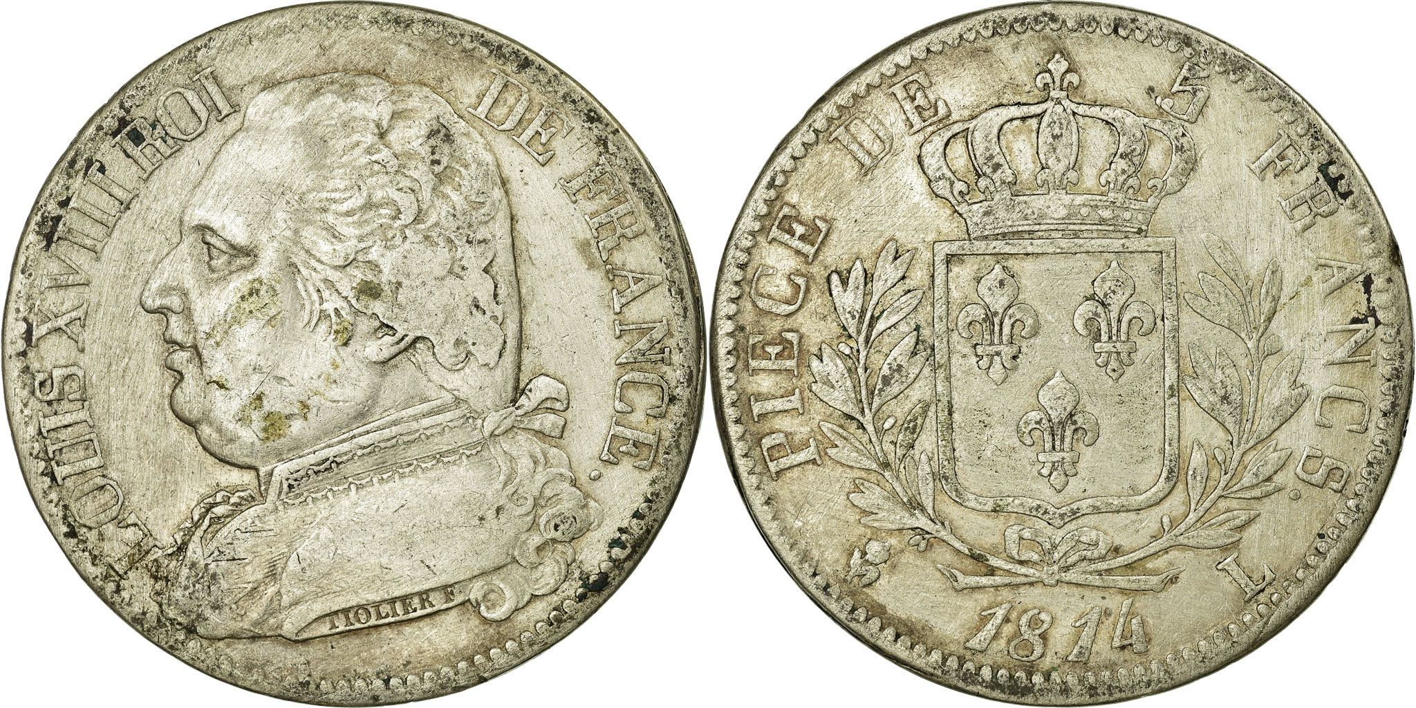 Coin, France, Louis XVIII, Louis XVIII, 5 Francs, 1814, Bayonne, Coin, France, Louis XVIII, Louis XVIII, 5 Francs, 1814, Bayonne,