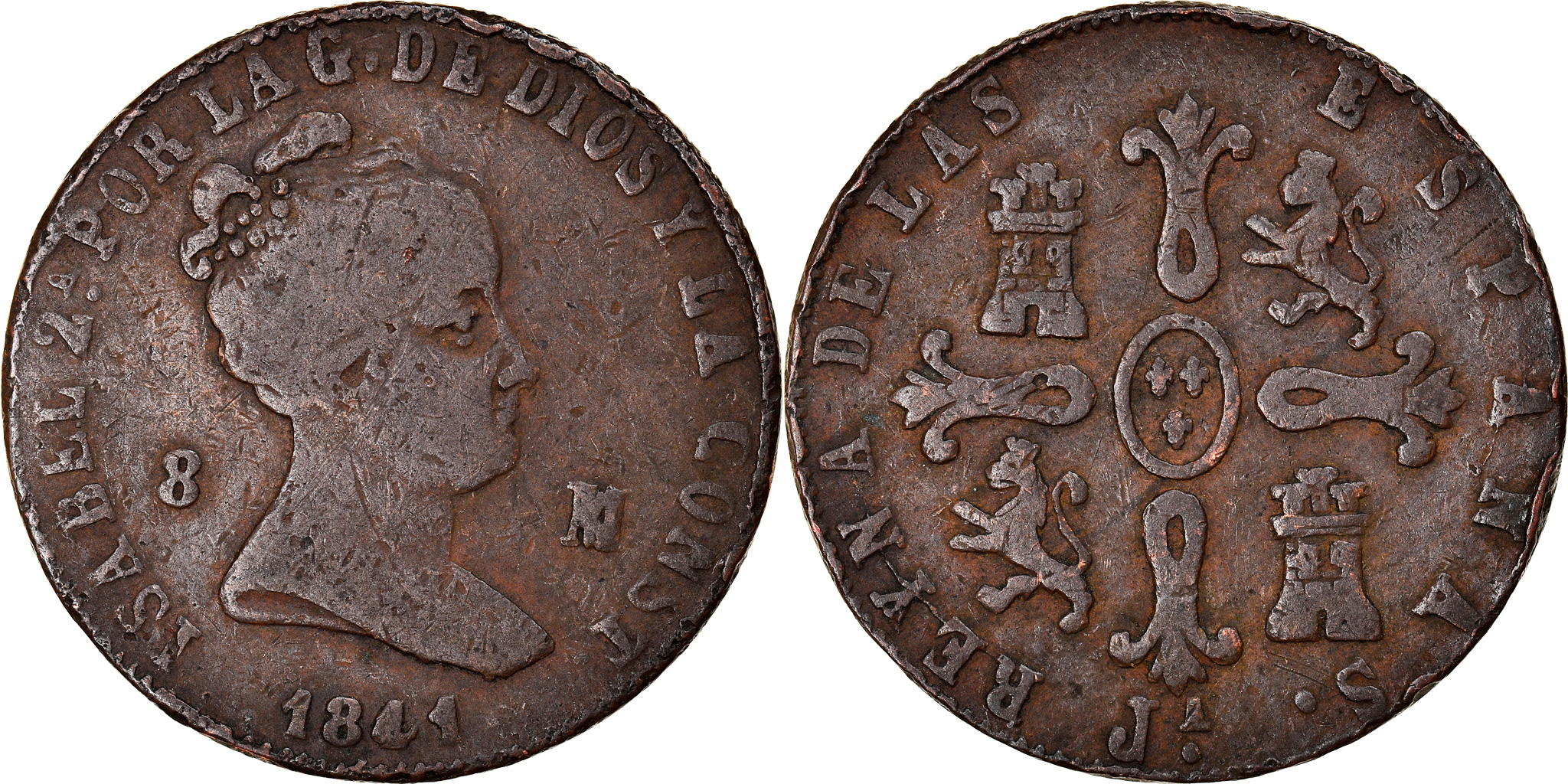 Coin, Spain, Isabel II, 8 Maravedis, 1841, Segovia, , Copper, KM:531.3