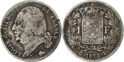 World Coins - France, Louis XVIII, Franc, 1824, Limoges, Very rare, Silver, , Le