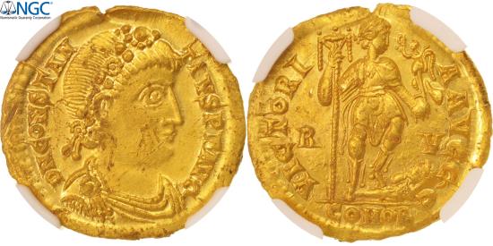 Constantius III, Solidus, Ravenna, graded, NGC, Choice AU, Gold, RIC:1325