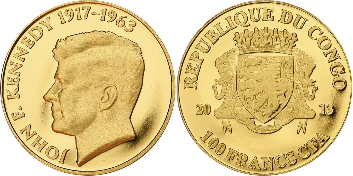 Congo Republic, 100 Francs CFA, John F. Kennedy, 2013, Proof, Gold,