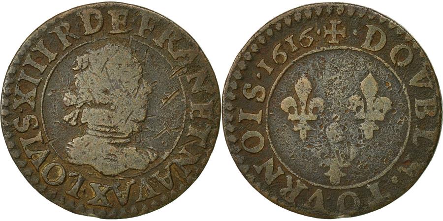 Coin, France, Louis XIII, Double tournois, 1616, Amiens, , Copper