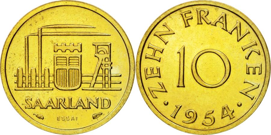 Coin Saarland 10 Franken 1954 Paris Essai Aluminum Bronze