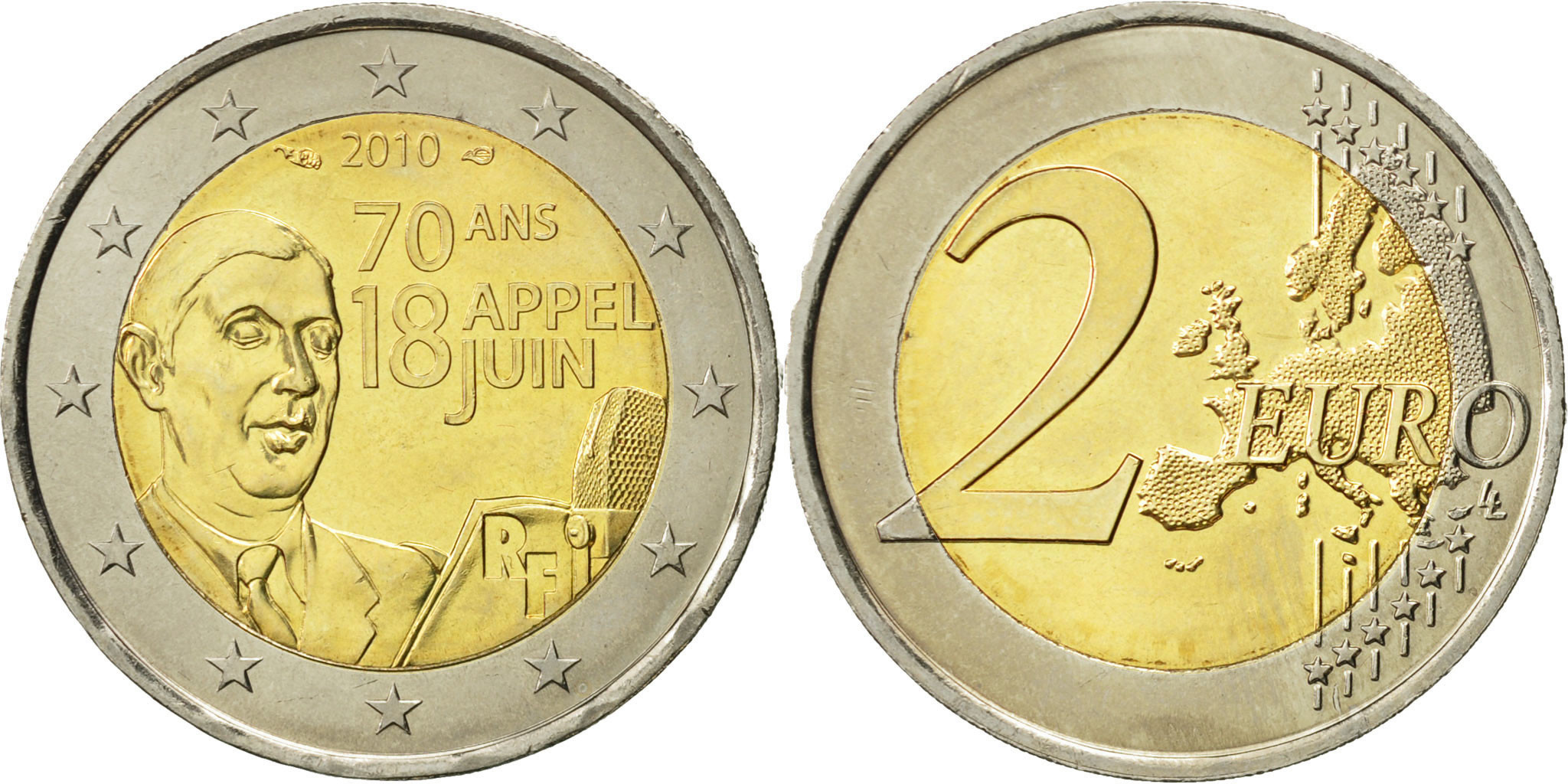 70 Ans 18 Appel Juin 2 Euro 2010 France, 2 Euro, Charles De Gaulle, Appel du 18 juin 1940, 2010,