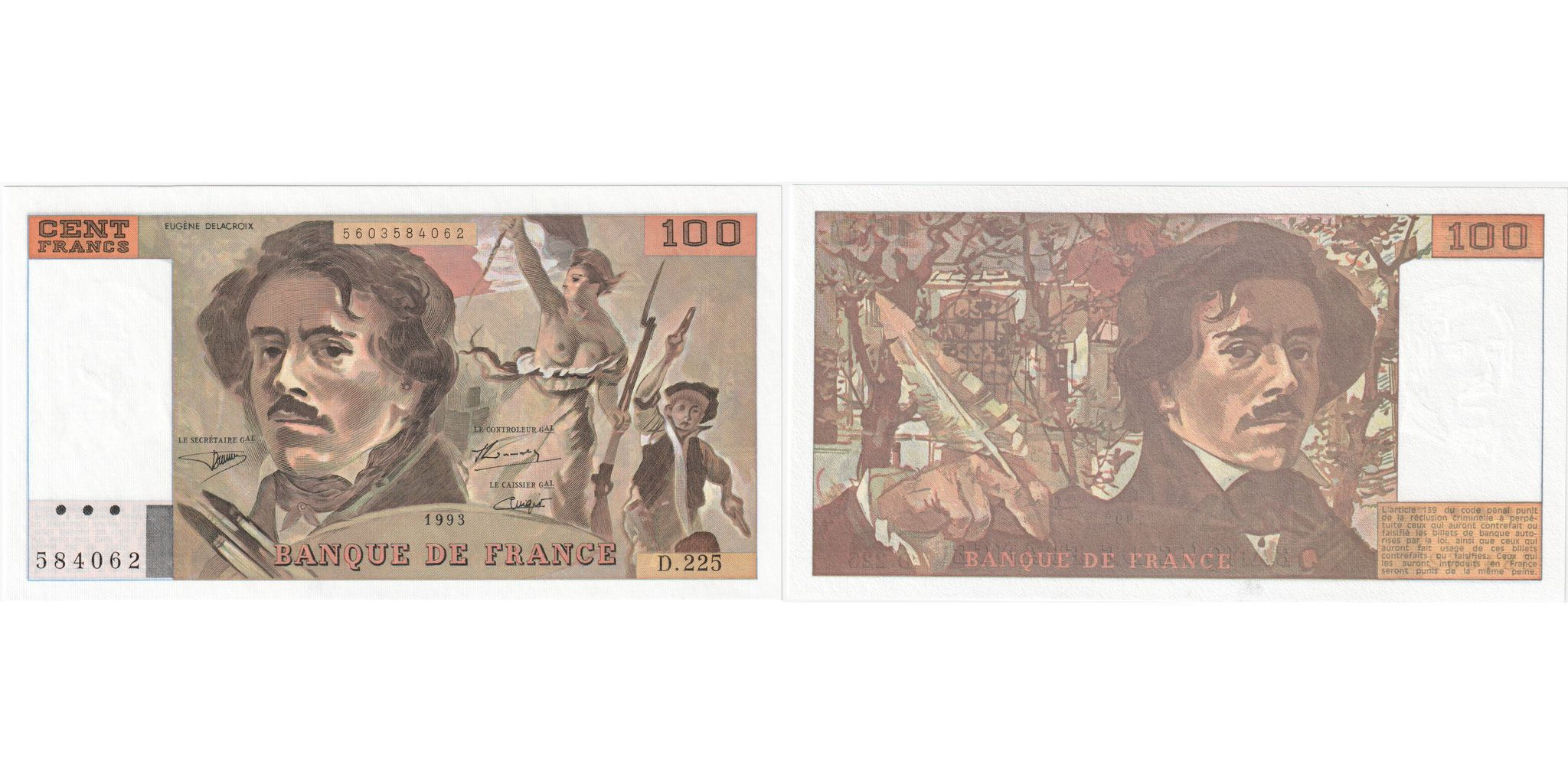France, 100 Francs, Delacroix, 1993, D.225, UNC(65-70) | World