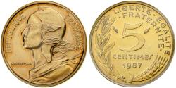 World Coins - France, 5 Centimes, Marianne, 1987, Paris, FDC, Aluminum-Bronze,