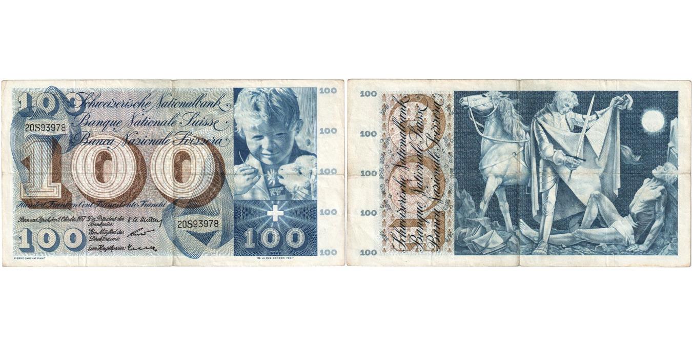 １００　スイスフラン　４枚 Switzerland, 100 Franken, 1957-10-04, EF(40-45) | World
