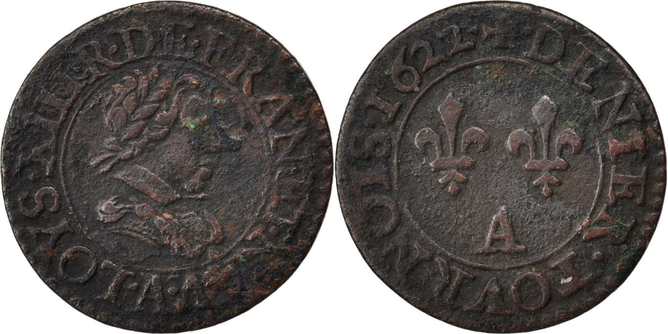 Coin, France, Louis XIII, Denier tournois, buste juvénile au col rabattu