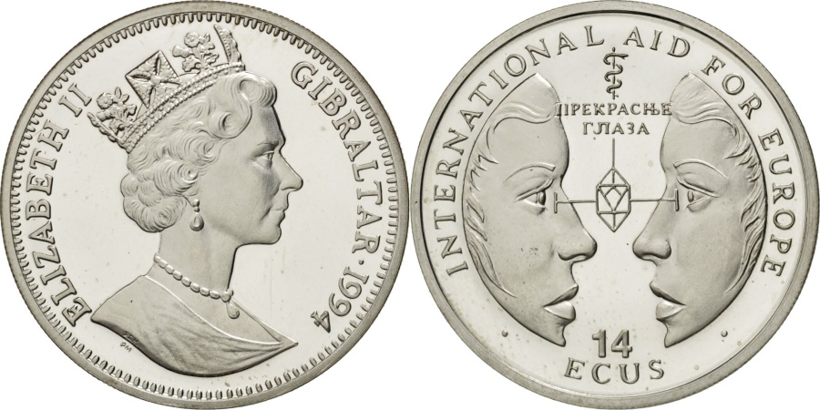 World Coins - GIBRALTAR, 14 ECUs, 1994, KM #483, , Silver, 10.22