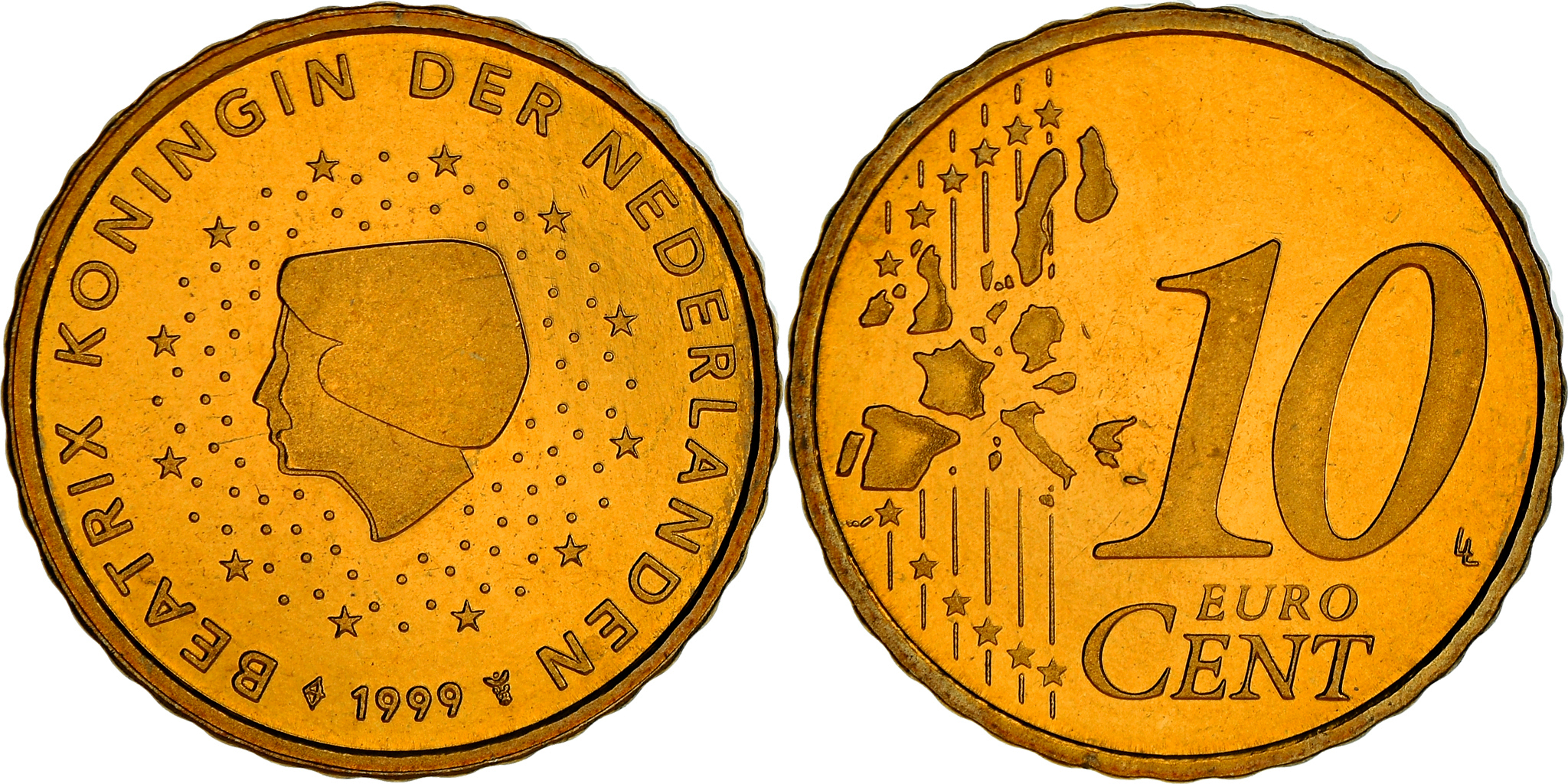 Netherlands, 10 Euro Cent, 1999, BE, , Brass, KM:New | European Coins