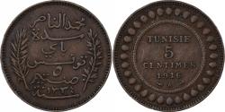 World Coins - Tunisia, Muhammad al-Nasir Bey, 5 Centimes, 1916/AH1334, Paris, Bronze