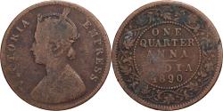 World Coins - British India, Victoria, 1/4 Anna, 1890, Calcutta, Copper,