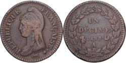 World Coins - France, 1 Décime, Dupré, AN 8, Paris, Bronze, , Gadoury:187a