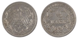 World Coins - GERMANY - EMPIRE, 1/2 Mark, 1908, Karlsruhe, KM #17, , Silver, 20, 2.73