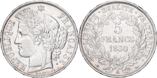 フランス 5フラン銀貨 1851年A（パリ鋳造）Cérèsタイプ France, Cérès, 5 Francs, 1850, Paris, , Silver, KM:761.1, Gadoury:719
