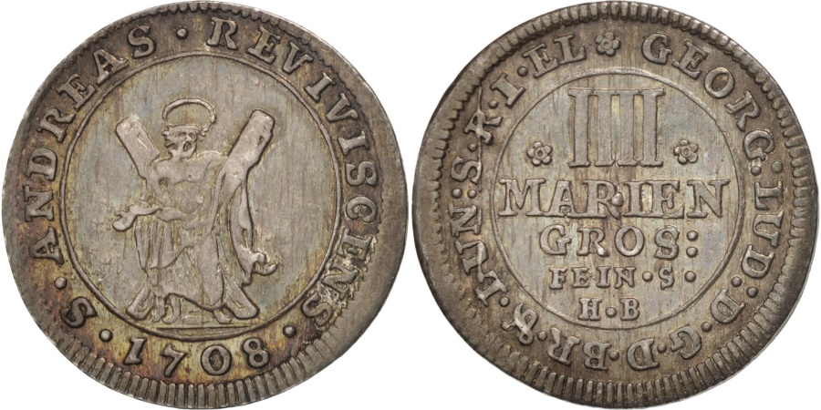 1748年 II MARIEN GROSCH 銀貨 German States, Brunswick, St Andrew, 4 Mariengroschen, 1708 HB, KM:53