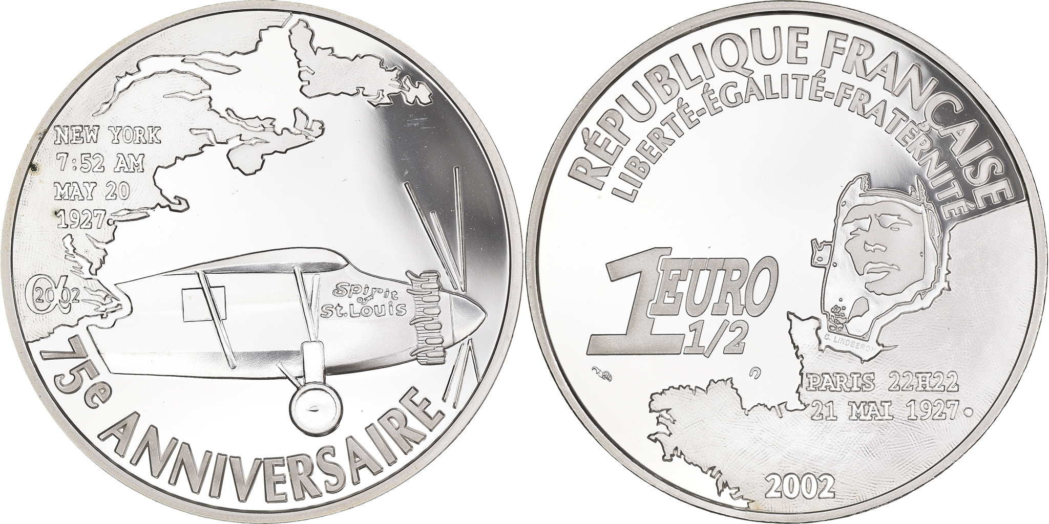 France, 1-1/2 Euro, Spirit of St. Louis, 2002, Paris, Proof, , Silver