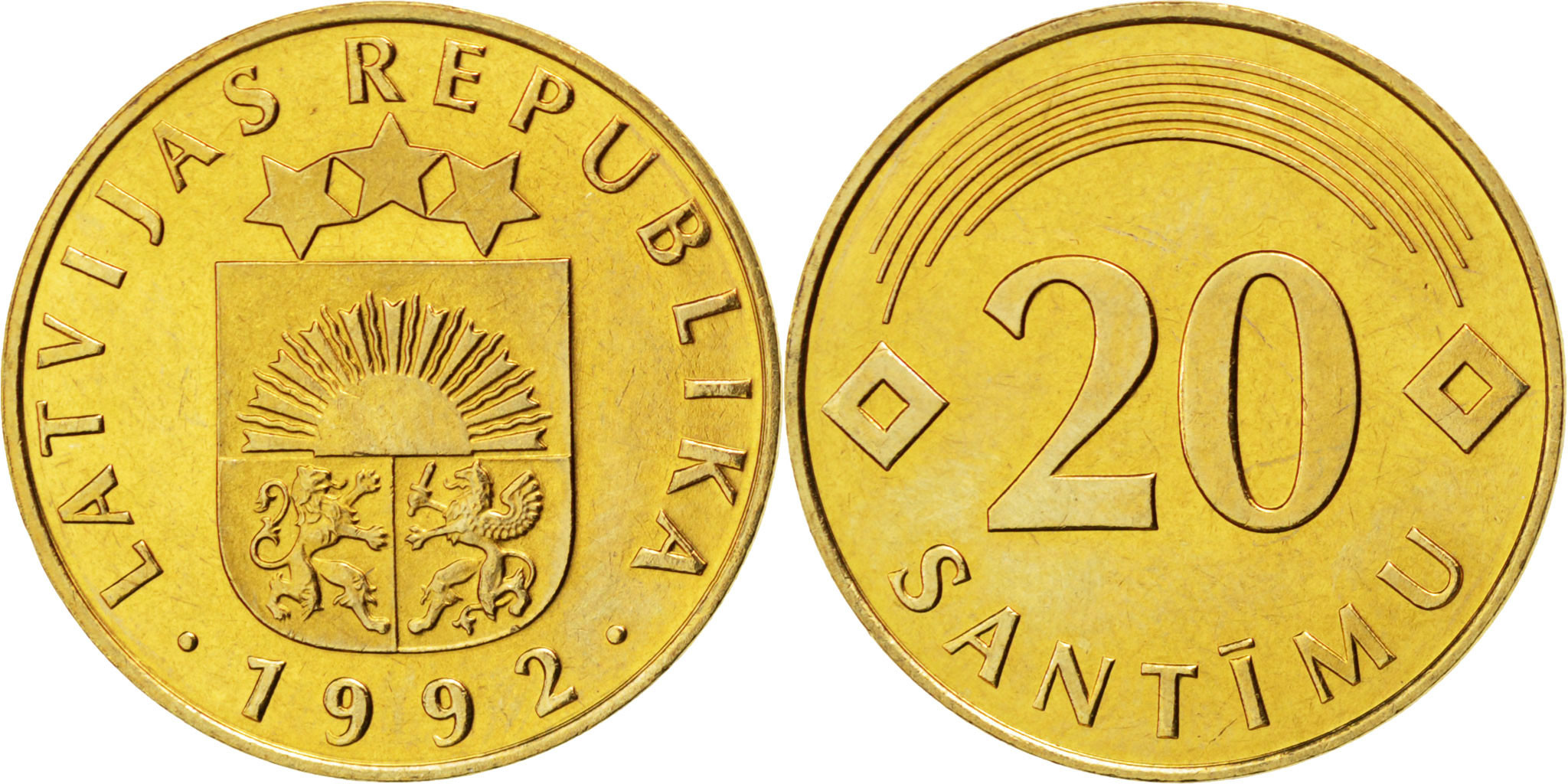 LATVIA, 20 Santimu, 1992, KM #22.1, , Nickel-Brass, 21.5, 4.05