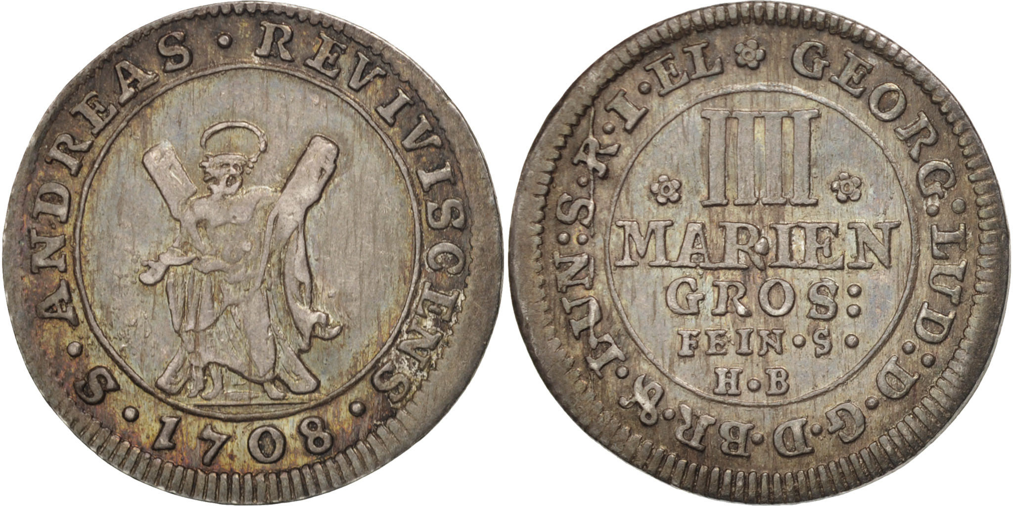 German States, Brunswick, St Andrew, 4 Mariengroschen, 1708 HB, KM:53