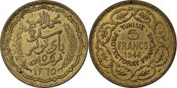 World Coins - Tunisia, Muhammad al-Amin Bey, 5 Francs, 1946, Paris, Aluminum-Bronze