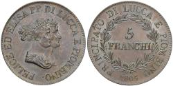 World Coins - Principality of Lucca and Piombino, Felice and Elisa, 5 Franchi, 1805, Lucca