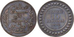 World Coins - Tunisia, Muhammad al-Nasir Bey, 10 Centimes, 1912, Paris, Bronze,