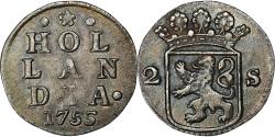 World Coins - Netherlands, HOLLAND, 2 Stuivers, Double Wapenstuiver, 1755, Silver,