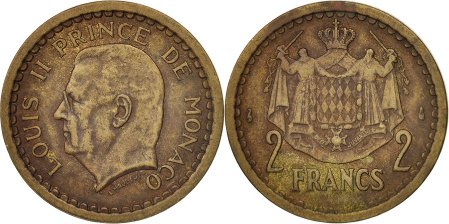World Coins - Monaco, Louis II, 2 Francs, 1945, , Aluminum-Bronze, KM:121a
