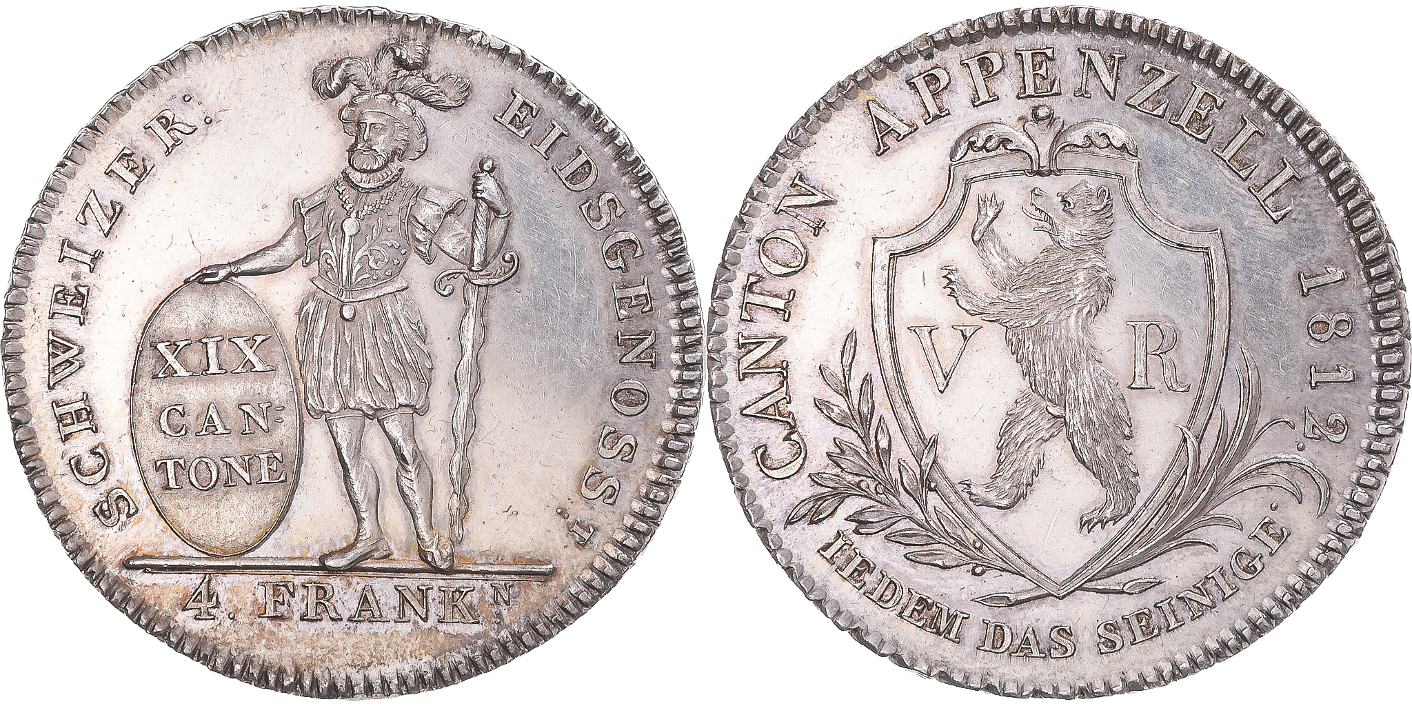 Coin, SWISS CANTONS, APPENZELL, 4 Franken, 1812, , Silver, KM:9