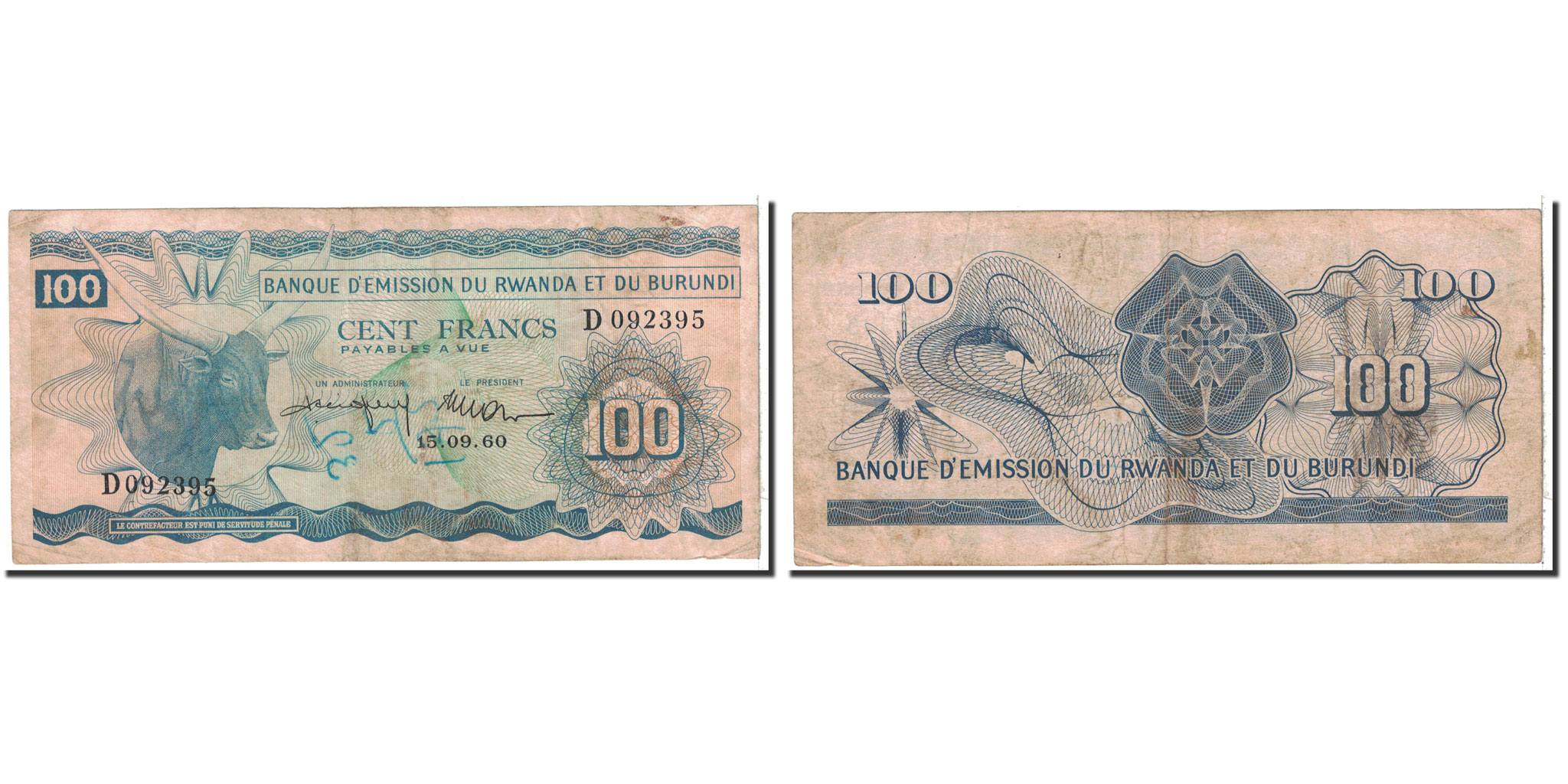 Banknote, Rwanda-Burundi, 100 Francs, 1960, 1960-09-15, KM:5a, EF