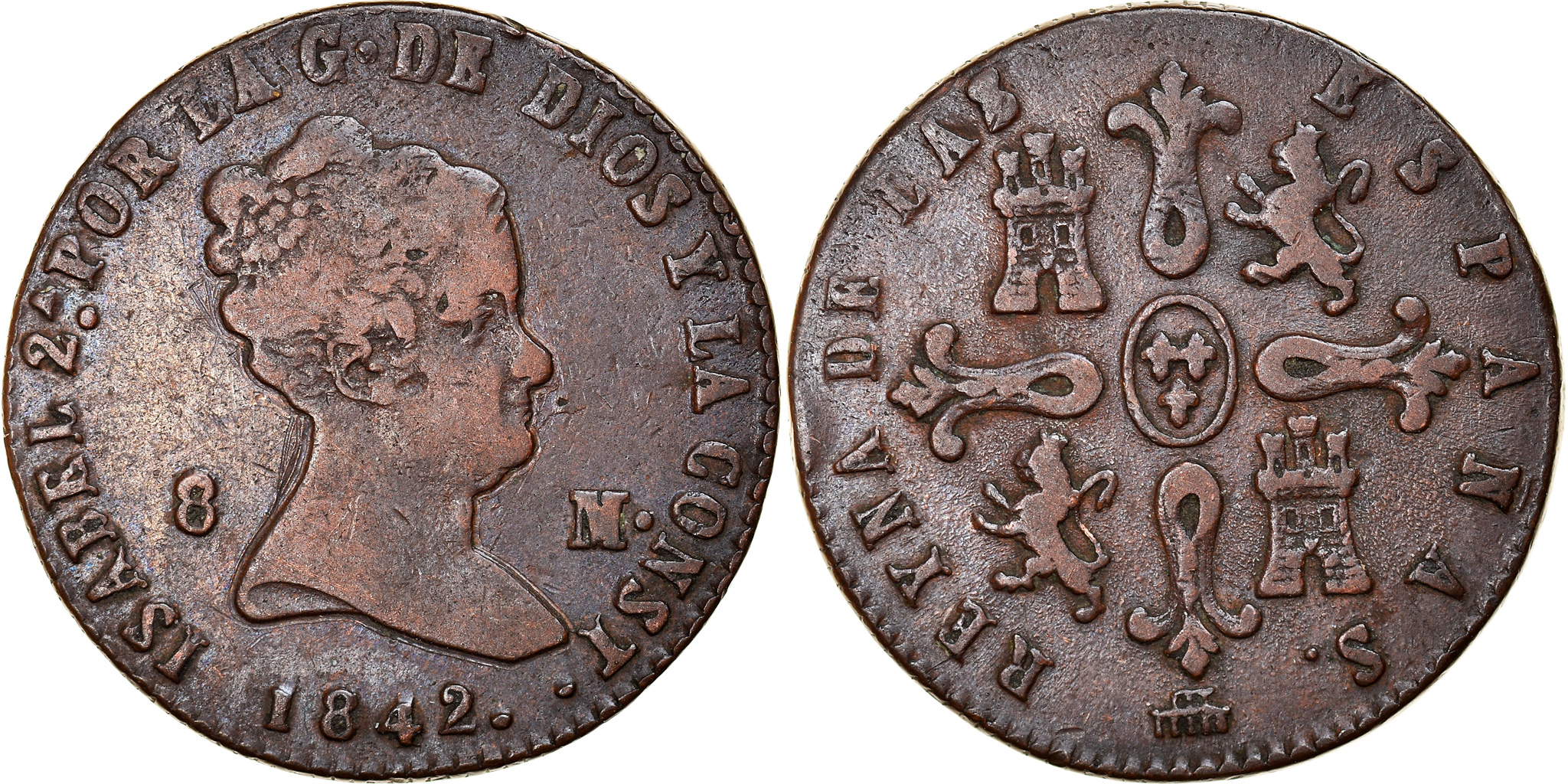 Coin, Spain, Isabel II, 8 Maravedis, 1842, Segovia, , Copper, KM:531.3