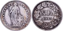 World Coins - Switzerland, 1/2 Franc, Helvetia, 1943, Bern, Silver, , KM:23