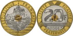 World Coins - France, 20 Francs, Mont Saint Michel, 2001, BU, Tri-Metallic,