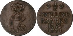World Coins - Denmark, Christian VII, 1/2 Skilling, 1771, Copenhagen, Copper,