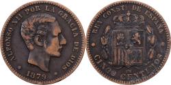 World Coins - Spain, Alfonso XII, 5 Centimos, 1879, Madrid, Bronze, , KM:674