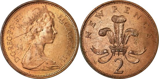 英国 2 New Pence, 1971年 1971 Great Britain 2 New Pence - KM# 916 - Uncirculated RED