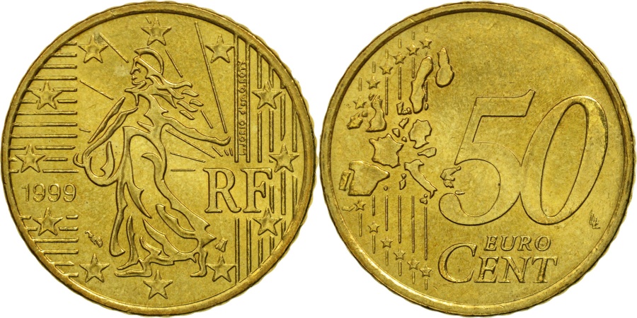 France 50 Euro Cent 1999 Brass KM 1287 European Coins france-50-euro-cent-1999-brass-km-1287-european-coins