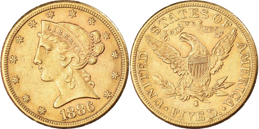 US Coins - Coin, United States, Coronet Head, $5, Half Eagle, 1886, San Francisco