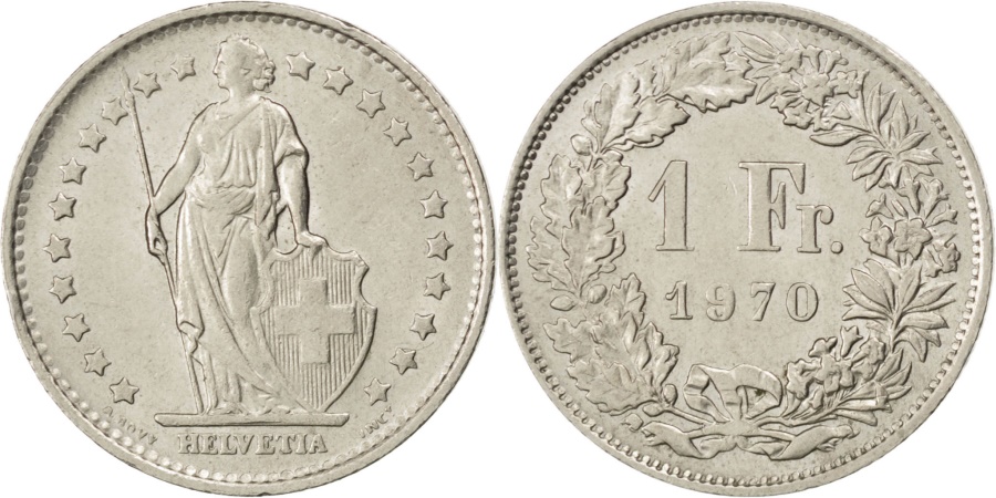 World Coins - SWITZERLAND, Franc, 1970, Bern, KM #24a.1, , Copper-Nickel, 23.2, 4.43