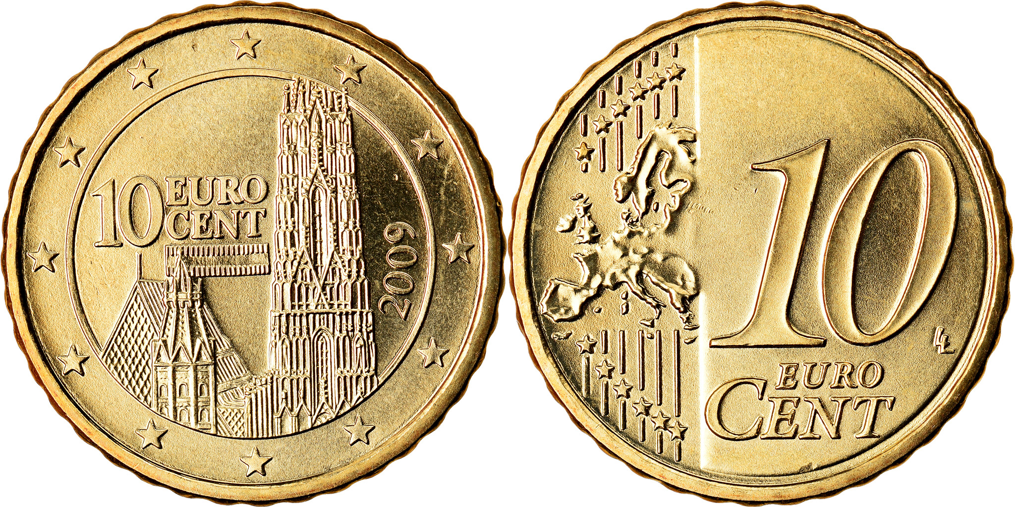 Austria, 10 Euro Cent, 2009, , Brass, KM:3139 | European Coins Austria, 10 Euro Cent, 2009, , Brass, KM:3139 | European Coins