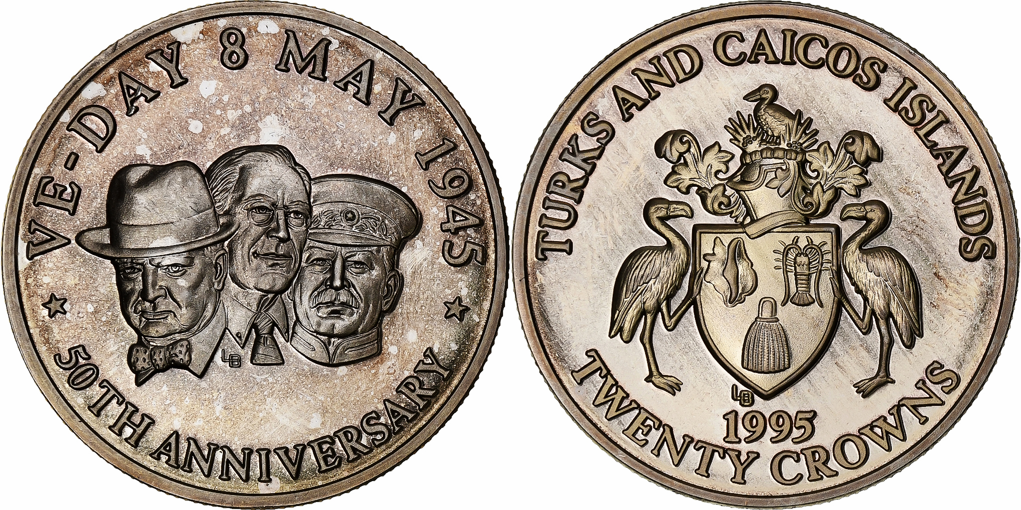 TURKS & CAICOS ISLANDS, 20 Crowns, Victoire de 1945, 1995, Silver,