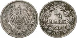 World Coins - GERMANY - EMPIRE, 1/2 Mark, 1916, Stuttgart, Silver, , KM:17