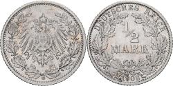 World Coins - Coin, GERMANY - EMPIRE, 1/2 Mark, 1908, Karlsruhe, , Silver, KM:17